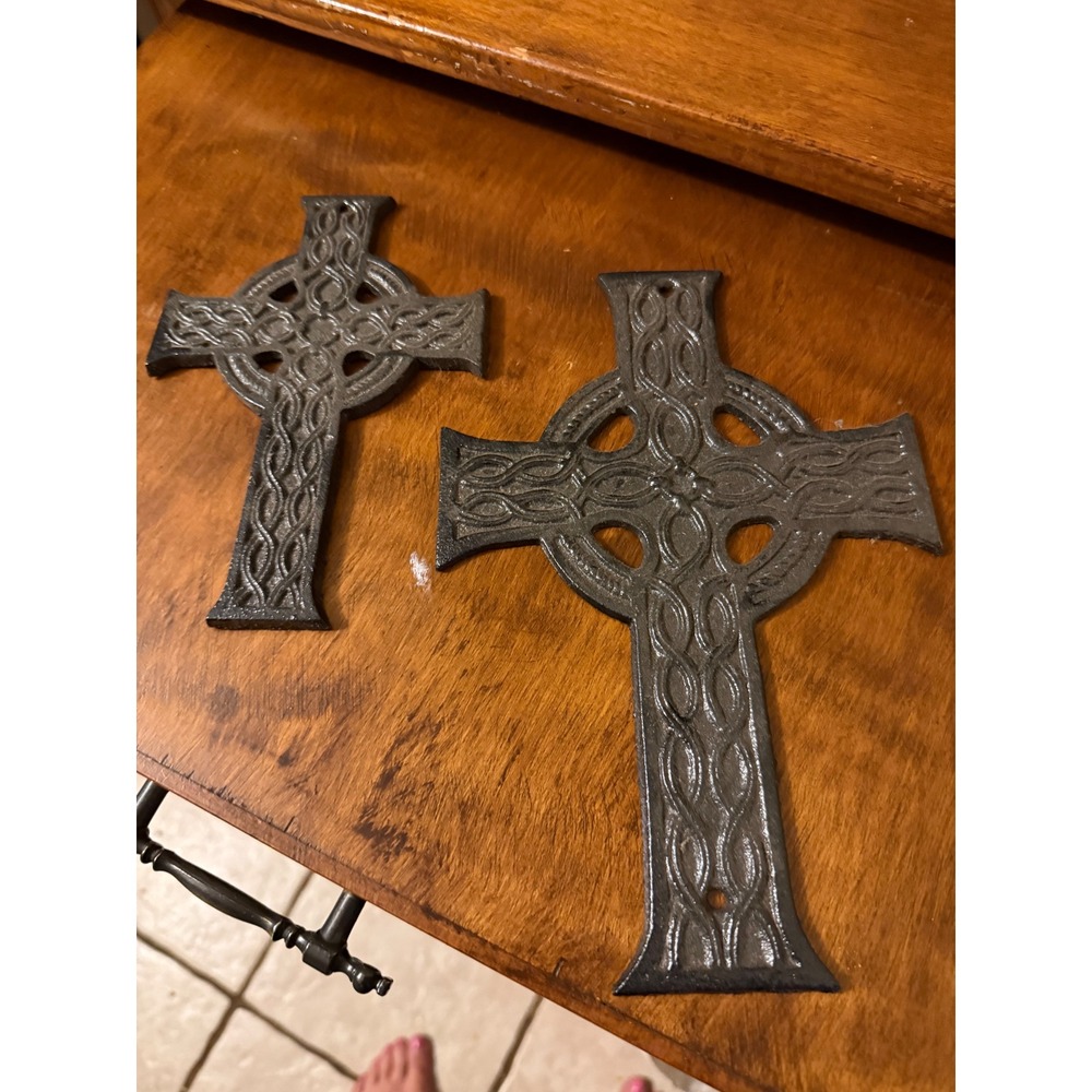 Vintage Cast Iron Celtic Cross Wall Decor Set 2 Rustic Metal Irish Knotwork